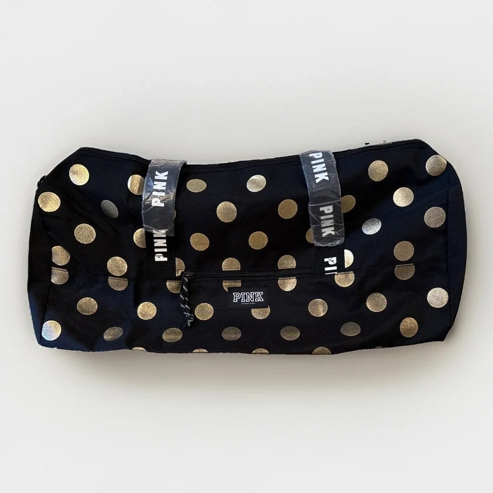 Victoria's Secret PINK Tote Duffle Gym Bag Black Gold Polka Dot